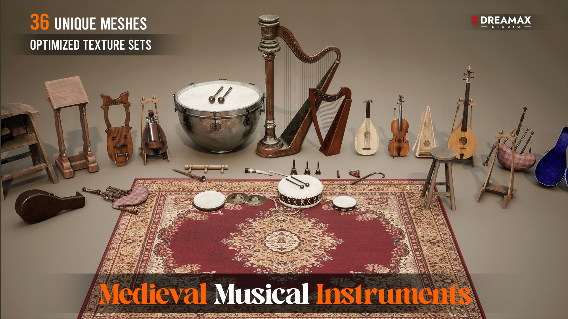 Medieval Musical Instruments - Lutes, Harps, Drums & Fantasy Bardic Props