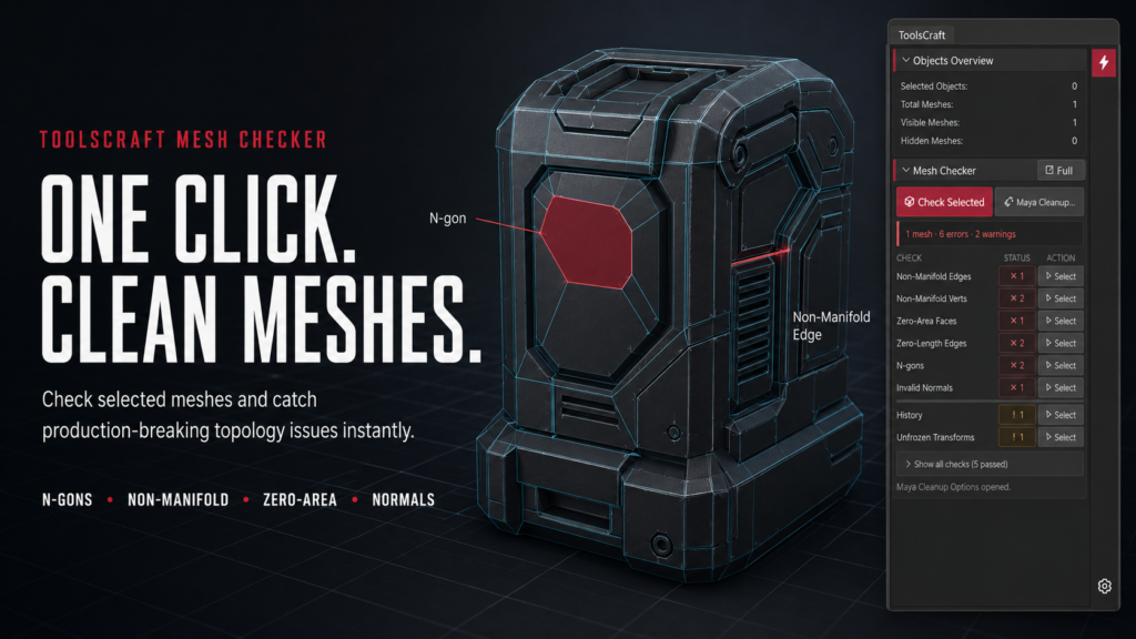 ToolsCraft Mesh Checker cover showing mesh validation in Maya